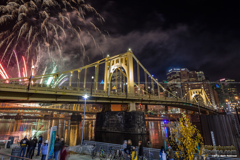 Roberto Clemente Bridge with fireworks during Light Up Night 2012