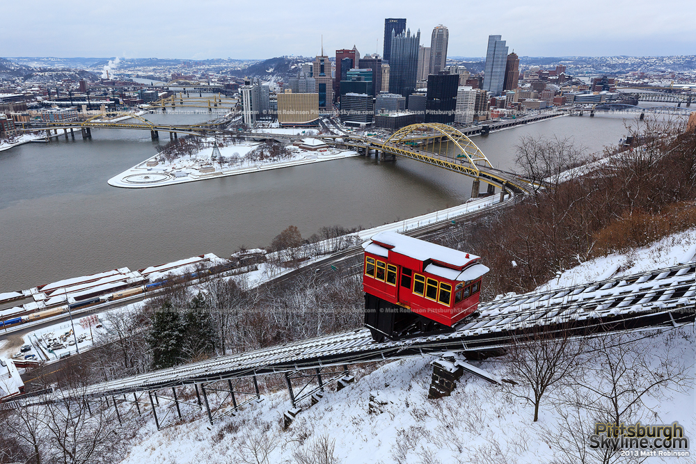 Duquesne Incline and Pittsburgh covered in snow