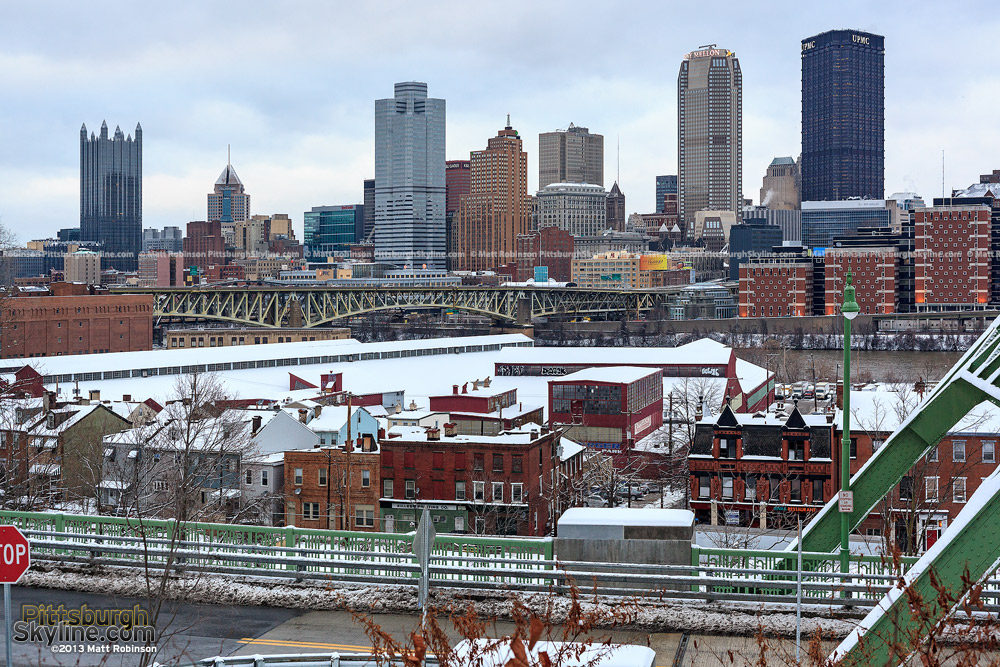 Downtown Pittsburgh with snow and PJ McArdle Bridge