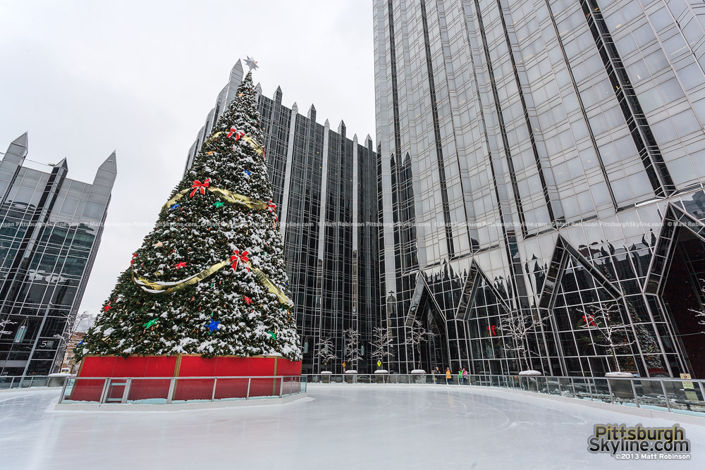 Snow covers PPG Place Christmas tree