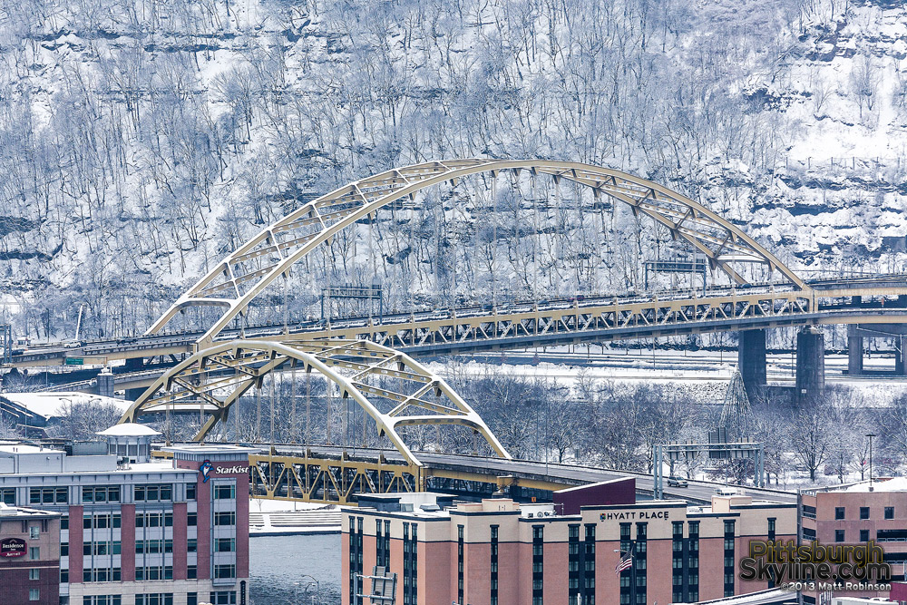 Fort Pitt and For Duquesne Bridge with snow on Mt. Washington