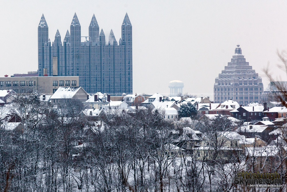 PPG Place and the Gulf Tower from Greentree with snow