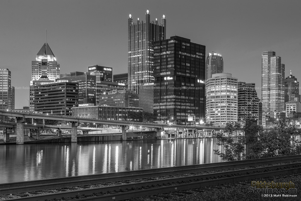 Black and white Pittsburgh from the banks of the Monongahela River