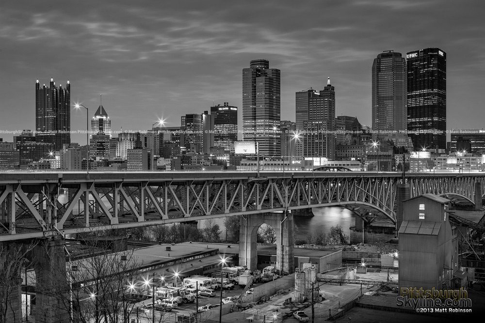 Black and White Pittsburgh Skyline with Liberty Bridge at night