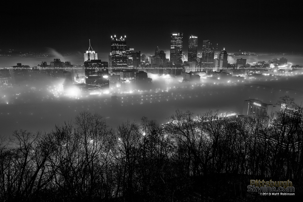 Foggy Black and White Pittsburgh Skyline from Mt. Washington