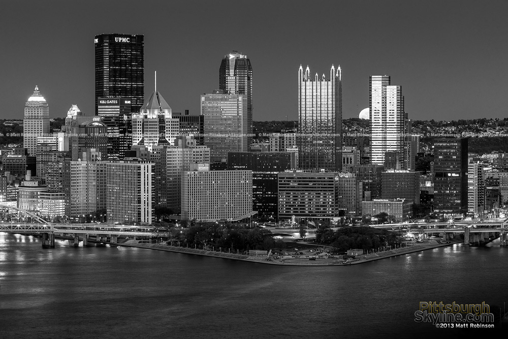 Black and White Pittsburgh Skyline with Moonrise at night