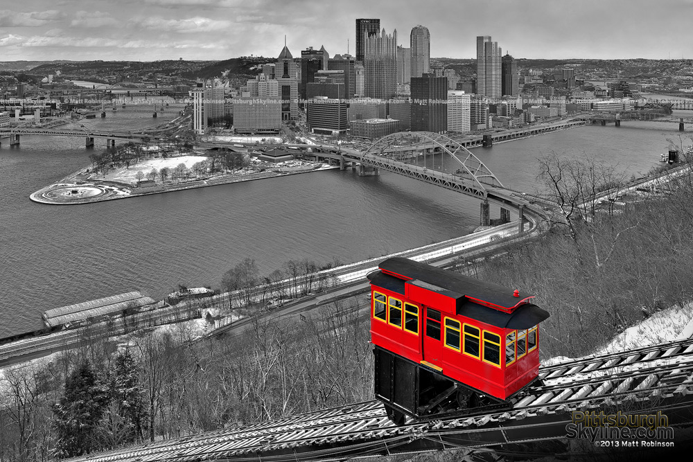 Pittsburgh Black and White with Red Duquesne Incline and snow