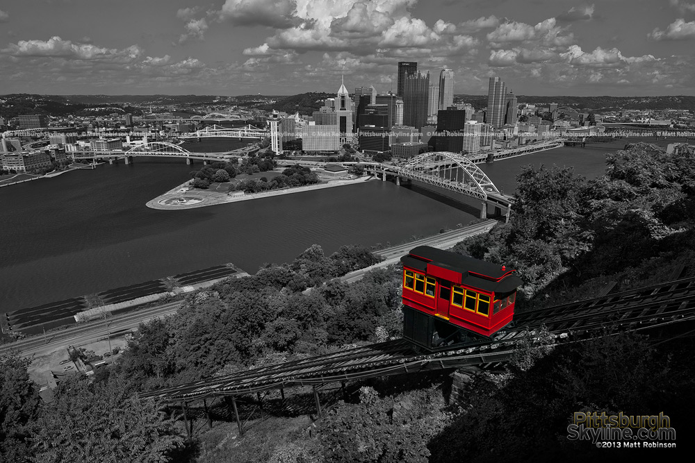 Pittsburgh Black and White with Red Duquesne Incline and snow