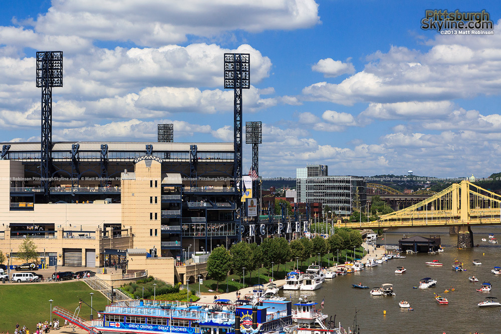 PNC Park with boats in the Allegheny from the Fort Duquesne Bridge