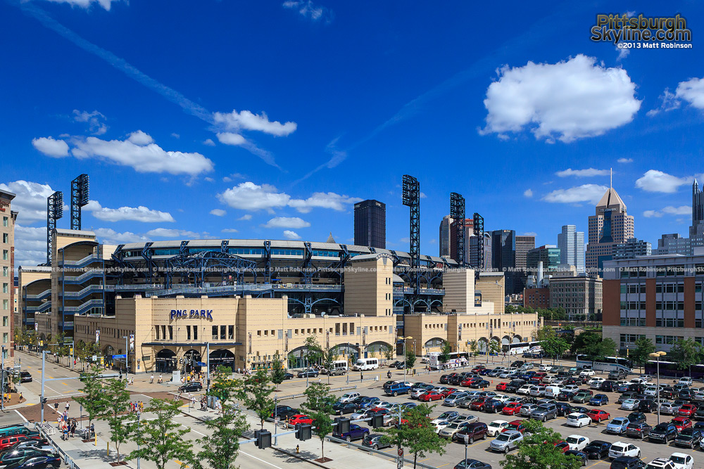 Blue sky over downtown and PNC Park