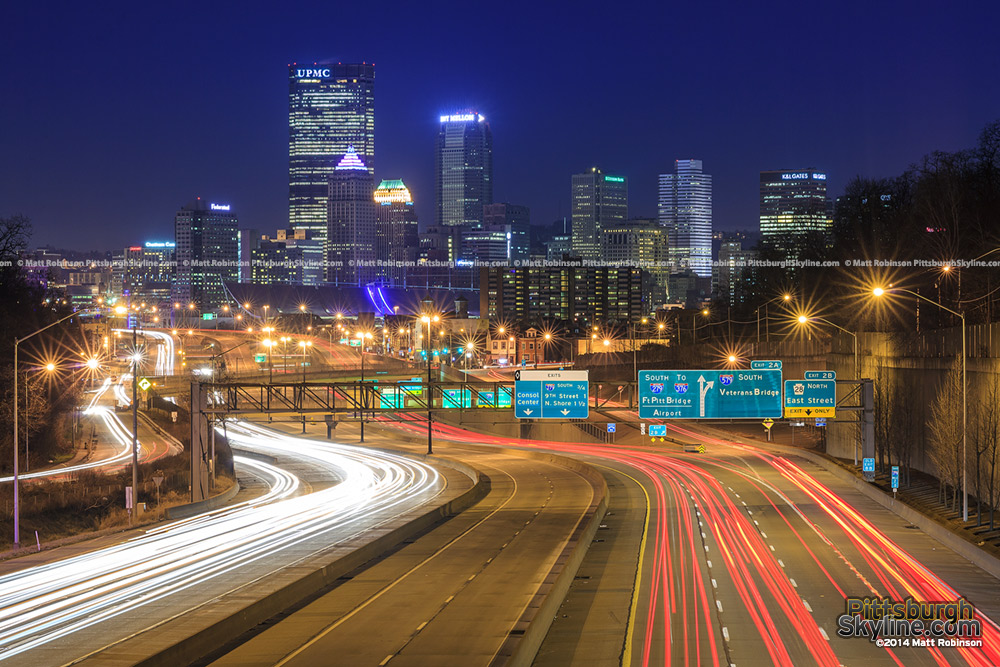 Traffic on 279 with Pittsburgh at night