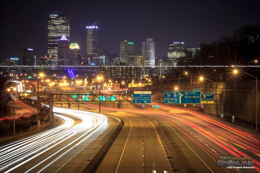 Traffic on 279 with Pittsburgh at night