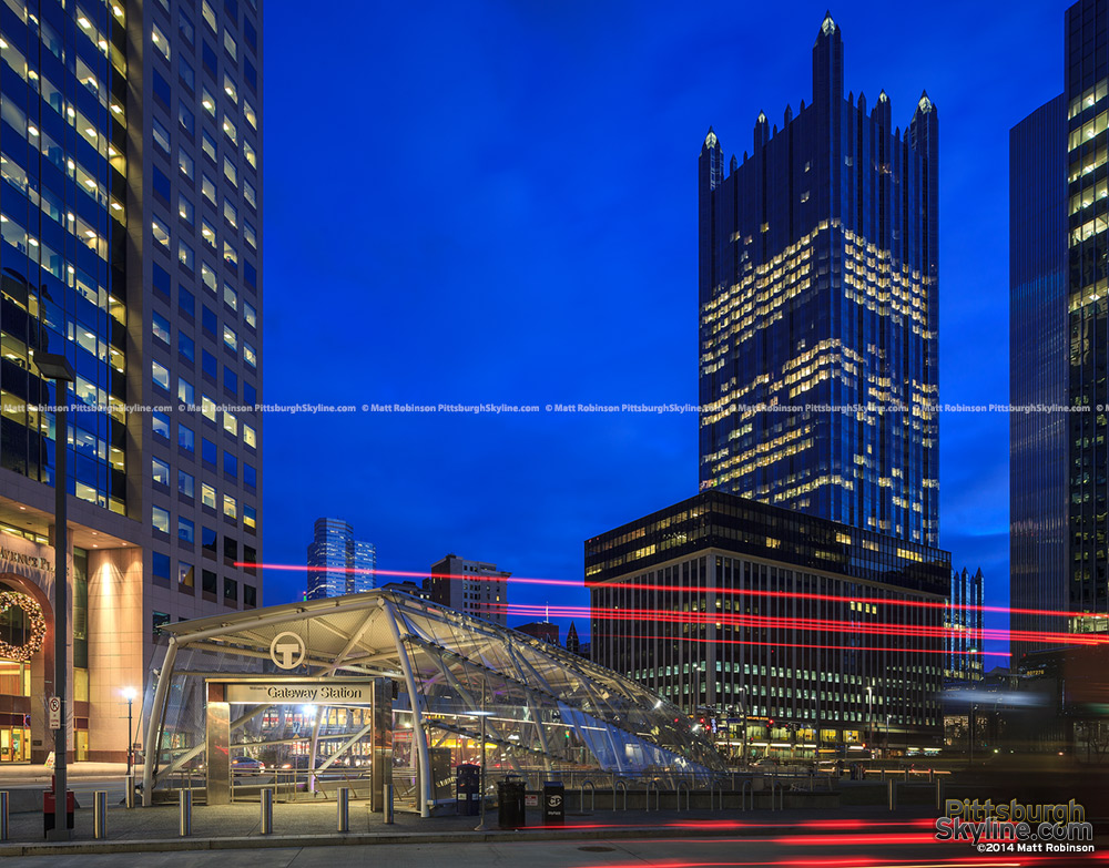 PPG Place at night with Gateway Station