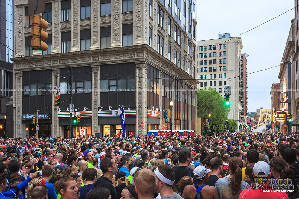 Runners gather before the start of the Pittsburgh Marathon