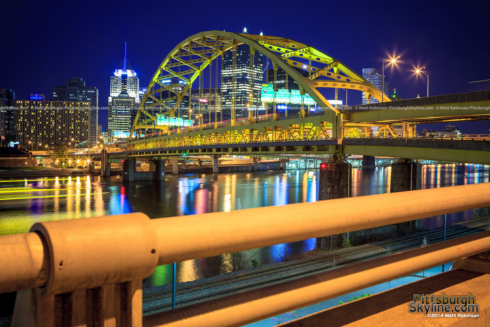 The Pittsburgh Skyline at night with the Fort Pitt Bridge 
