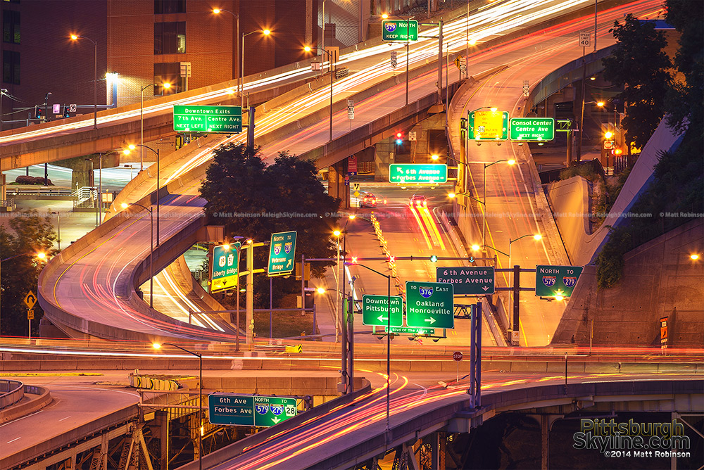 Cluster of highway signs and interchanges in Pittsburgh