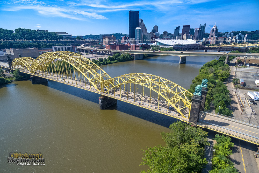 Aerial over the Sixteenth Street bridge on the Allegheny River in Pittsburgh