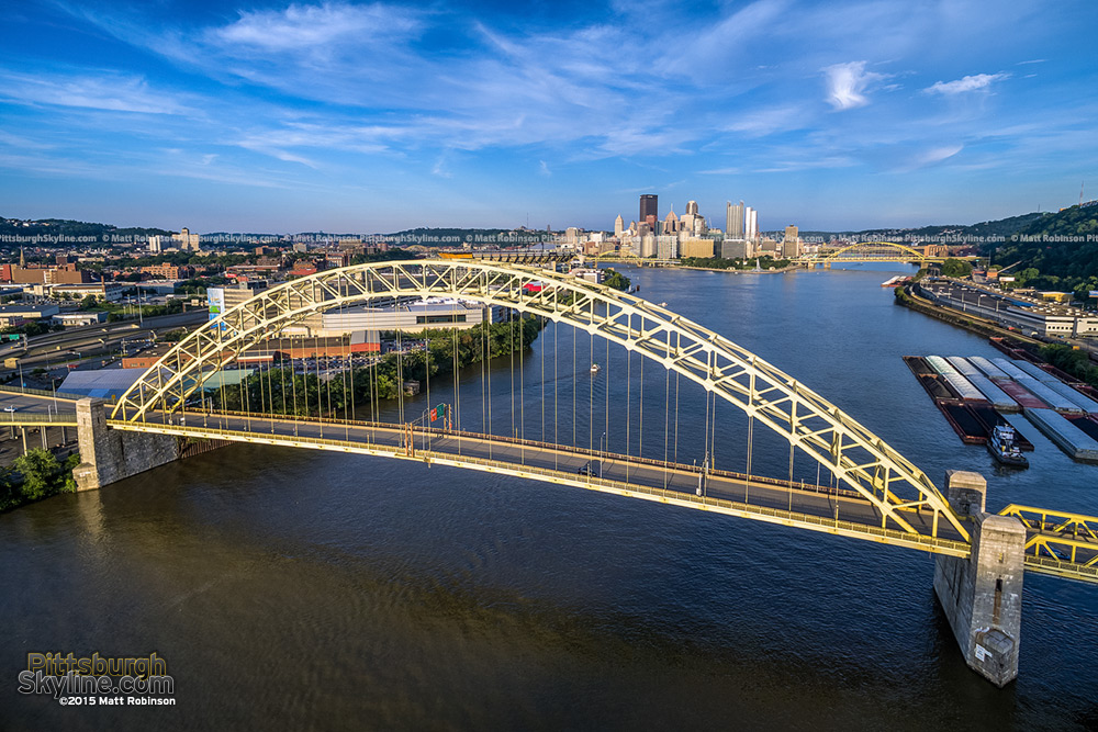 Aerial over the West End Bridge with downtown Pittsburgh