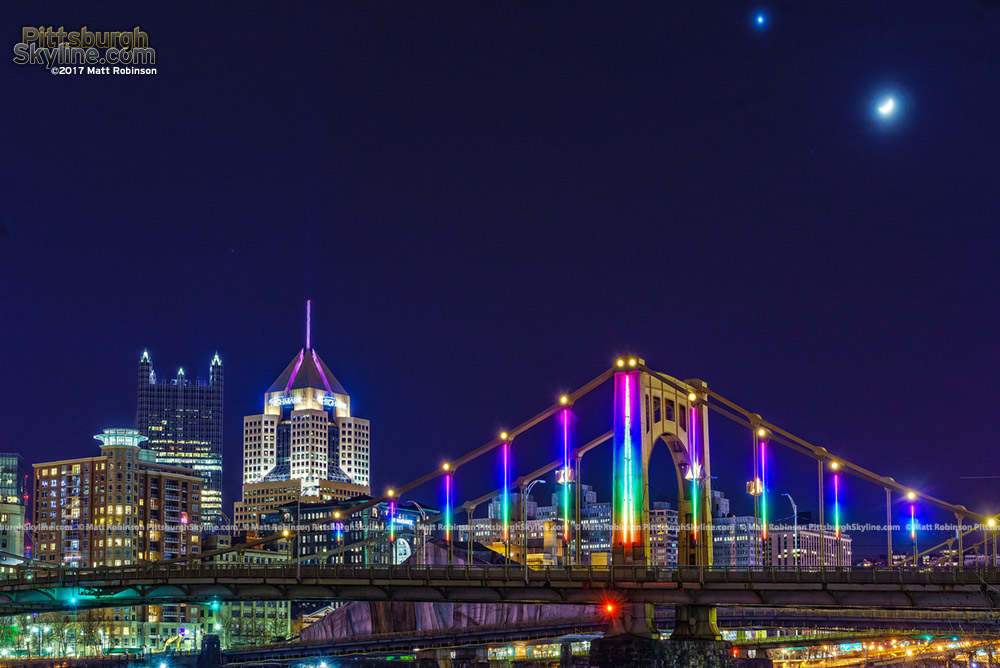 Cresent moon and Rainbow LED lights on the 9th Street Bridge