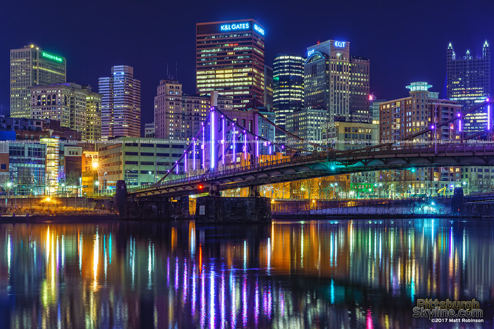 Downtown reflects in the Allegheny River with the Rachel Carson Bridge