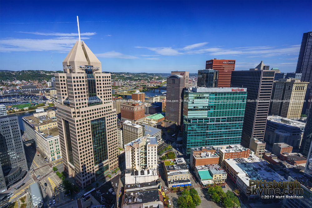 View of Fifth Avenue Place, Market Square and 3 PNC Plaza from PPG Place in Downtown Pittsburgh