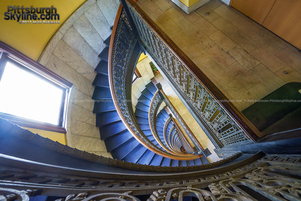 Looking down at the spiral staircase in The Bank Tower in Pittsburgh