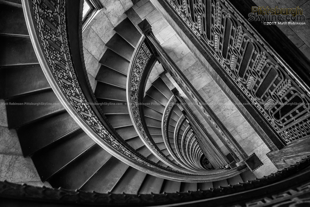 Black and White spiral staircase in The Bank Tower in Pittsburgh