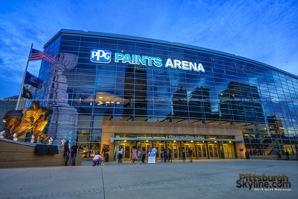PPG Paints Arena at dusk with Pittsburgh reflections