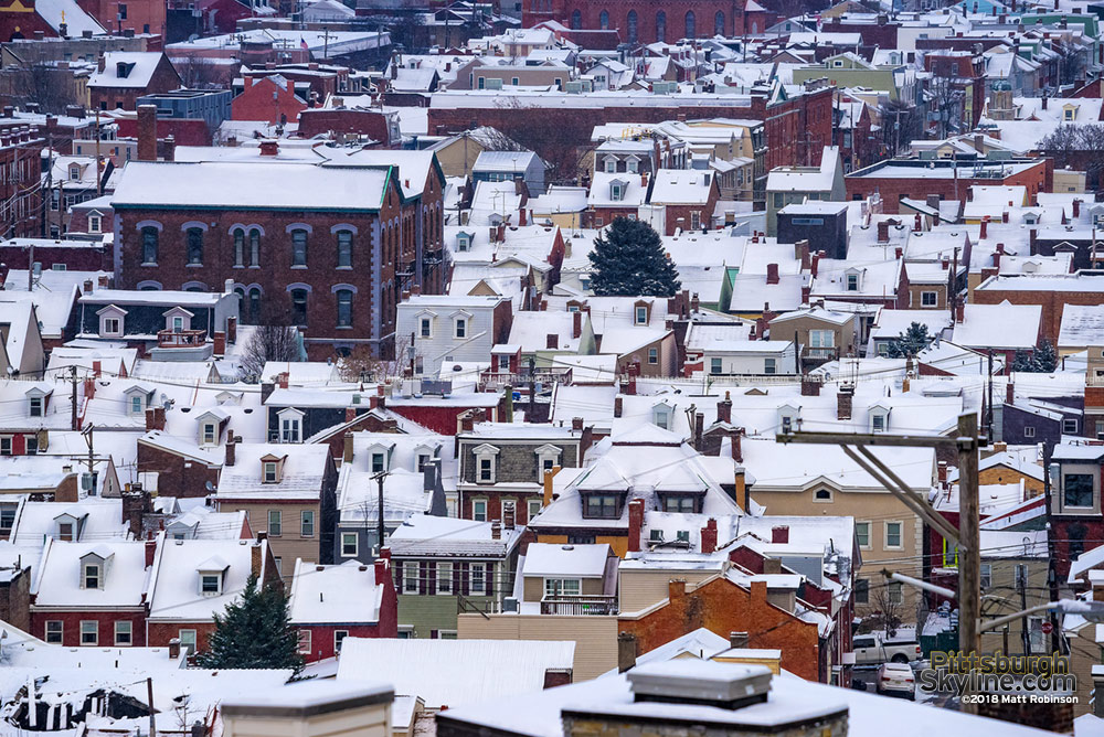 Snow covered rooftops on the South Side in Pittsburgh