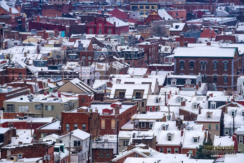 Snow covered rooftops on the South Side in Pittsburgh