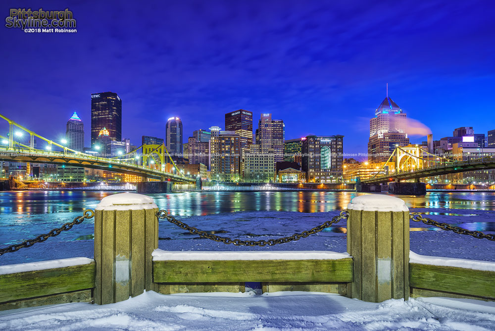 Snow covered North Shore with Pittsburgh Skyline