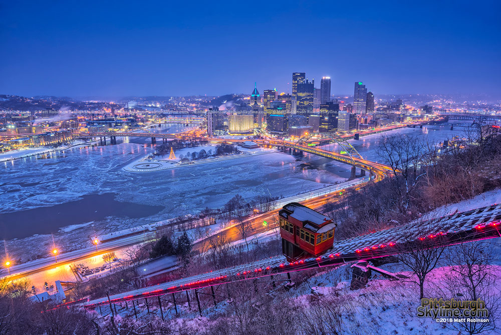 Frozen over Three Rivers with the Pittsburgh Skyline and Duquesne Incline