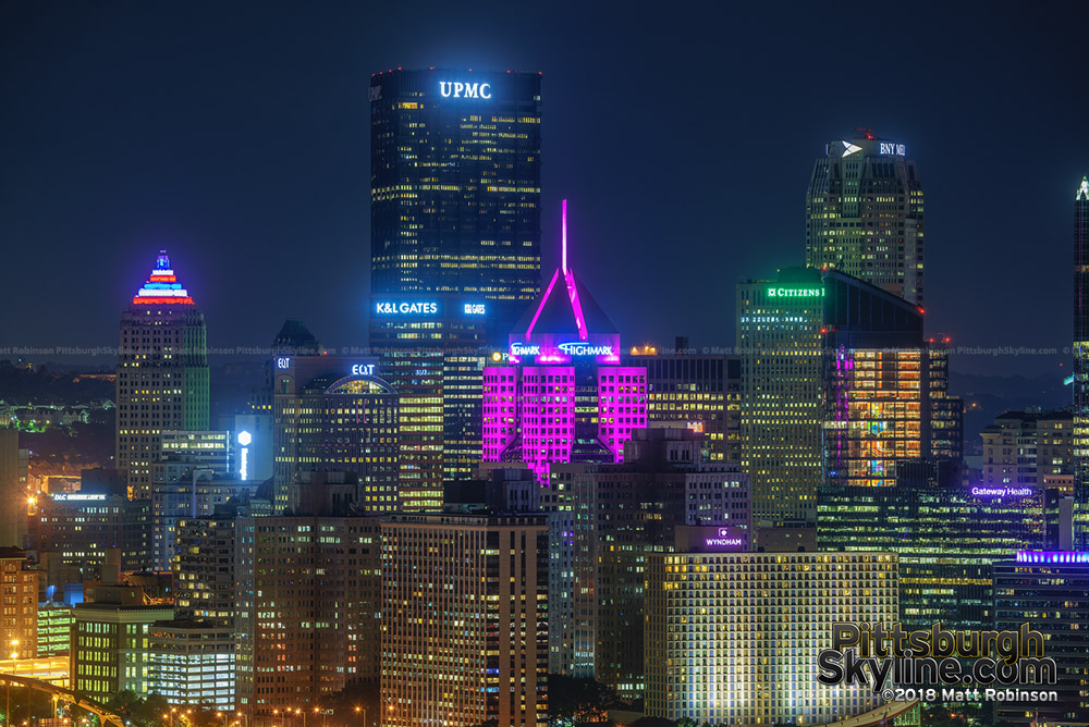 Pittsburgh buildings illuminated in pink