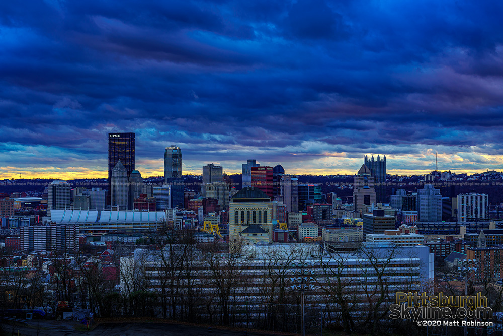 Turbulent clouds over Pittsburgh at sunset from Fineview