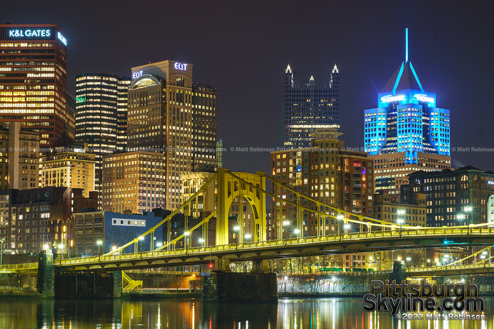 Rachel Carson Bridge at night with downtown Pittsburgh